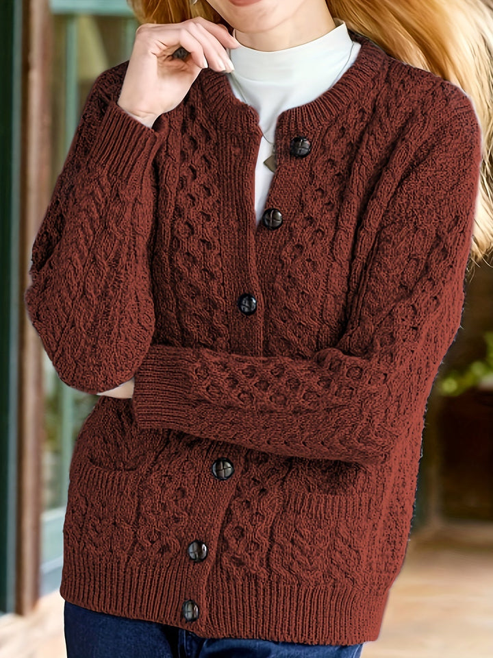 Plain Knitted Cardigan with Button Closure and Pockets - Olivia