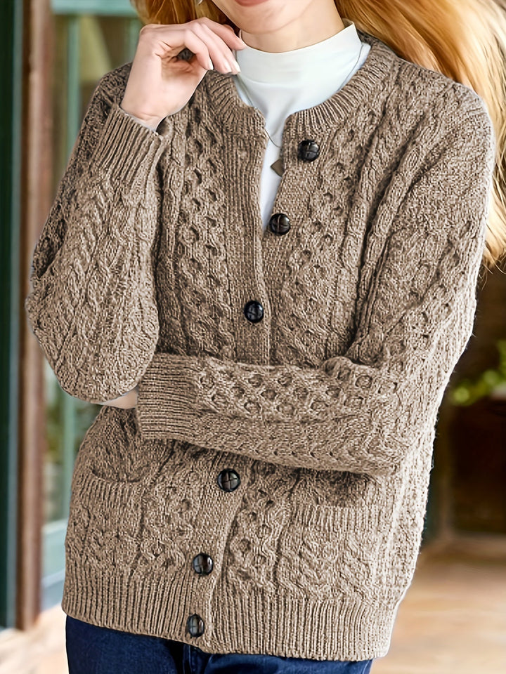 Plain Knitted Cardigan with Button Closure and Pockets - Olivia