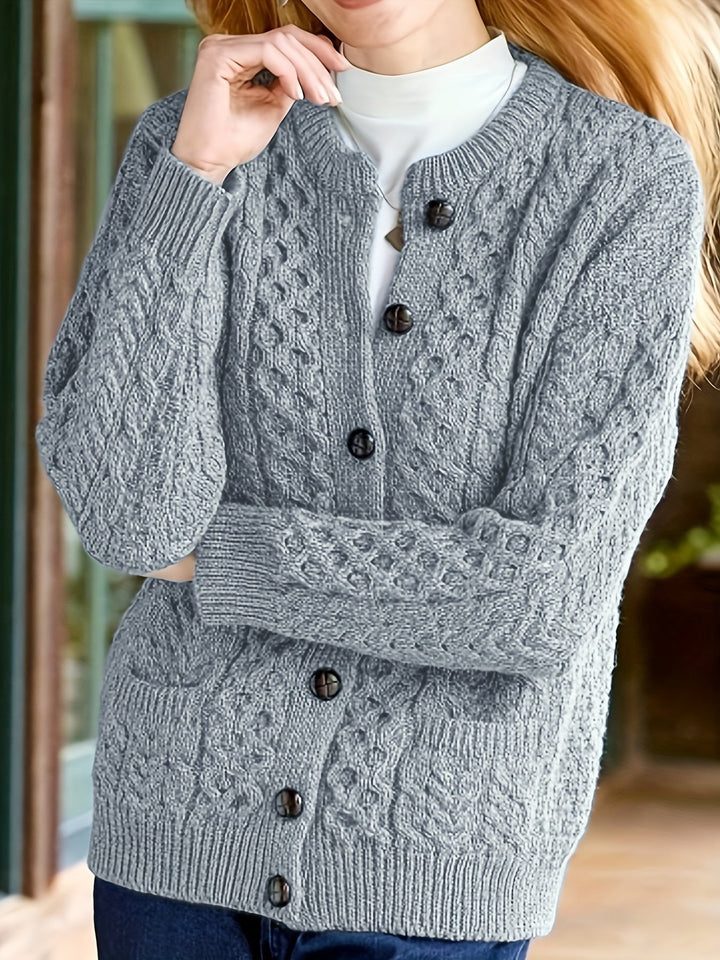 Plain Knitted Cardigan with Button Closure and Pockets - Olivia