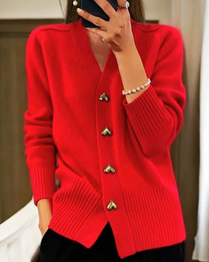 Women’s Knit Cardigan Heart Button Detail Relaxed Fit Layering Piece