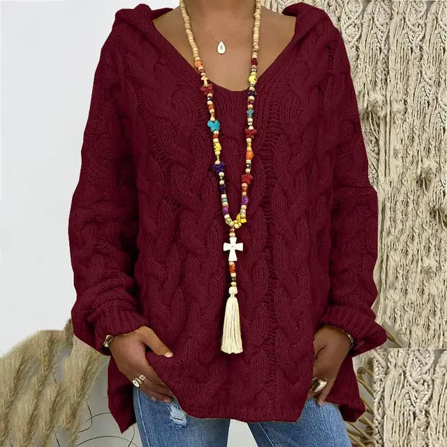 Timeless Cable Knit Sweater for Women - Maelle-Bordeaux red-S-Nora Luxe