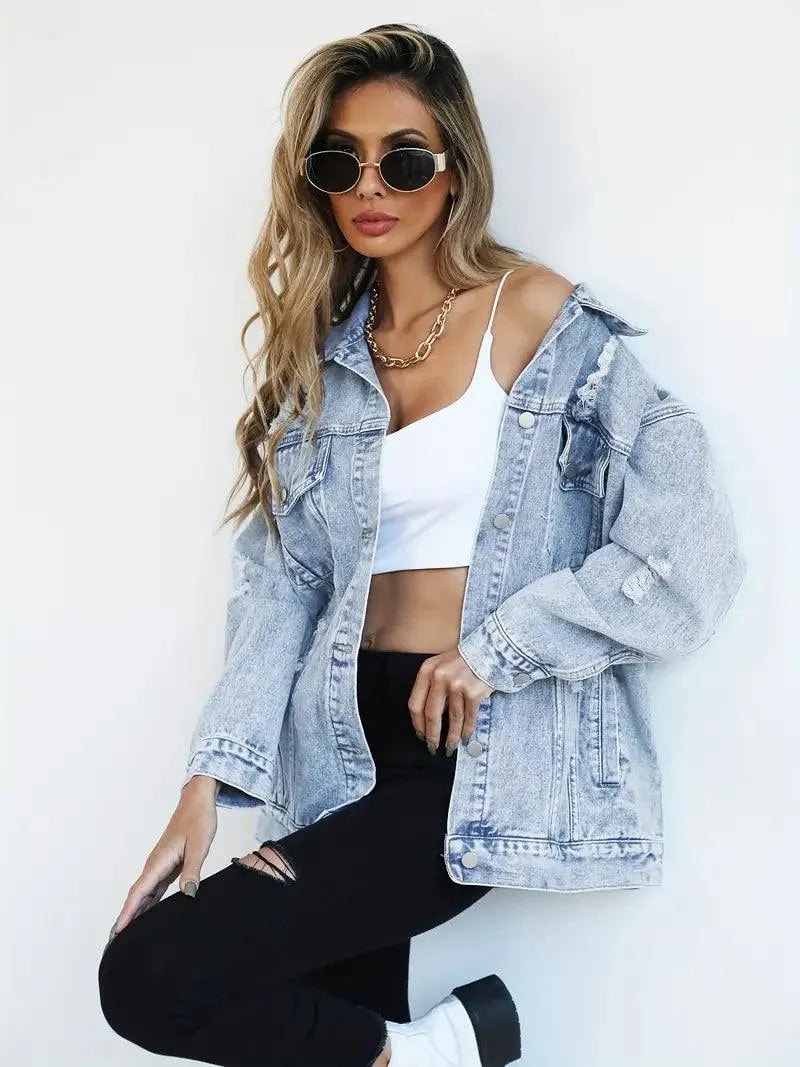 Waterproof & Lined Oversized Women's Denim Jacket with Hood – Talia-Blue-S-Nora Luxe