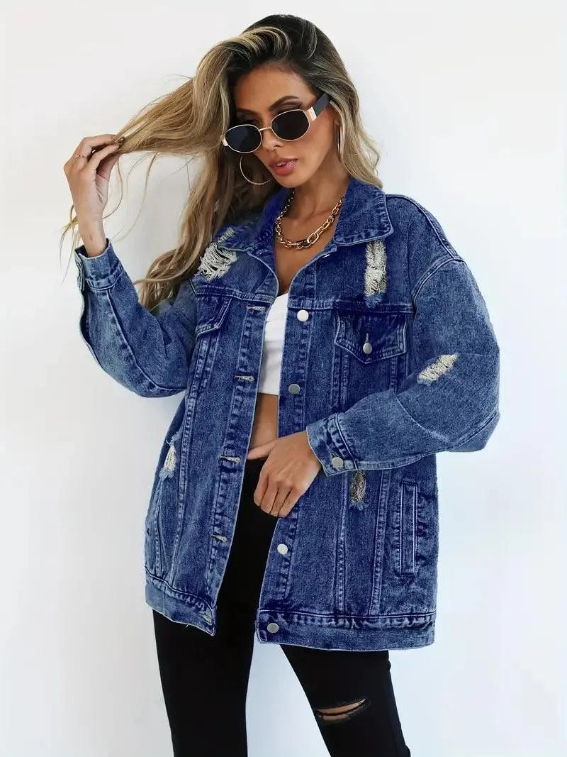 Waterproof & Lined Oversized Women's Denim Jacket with Hood – Talia-Blue-S-Nora Luxe
