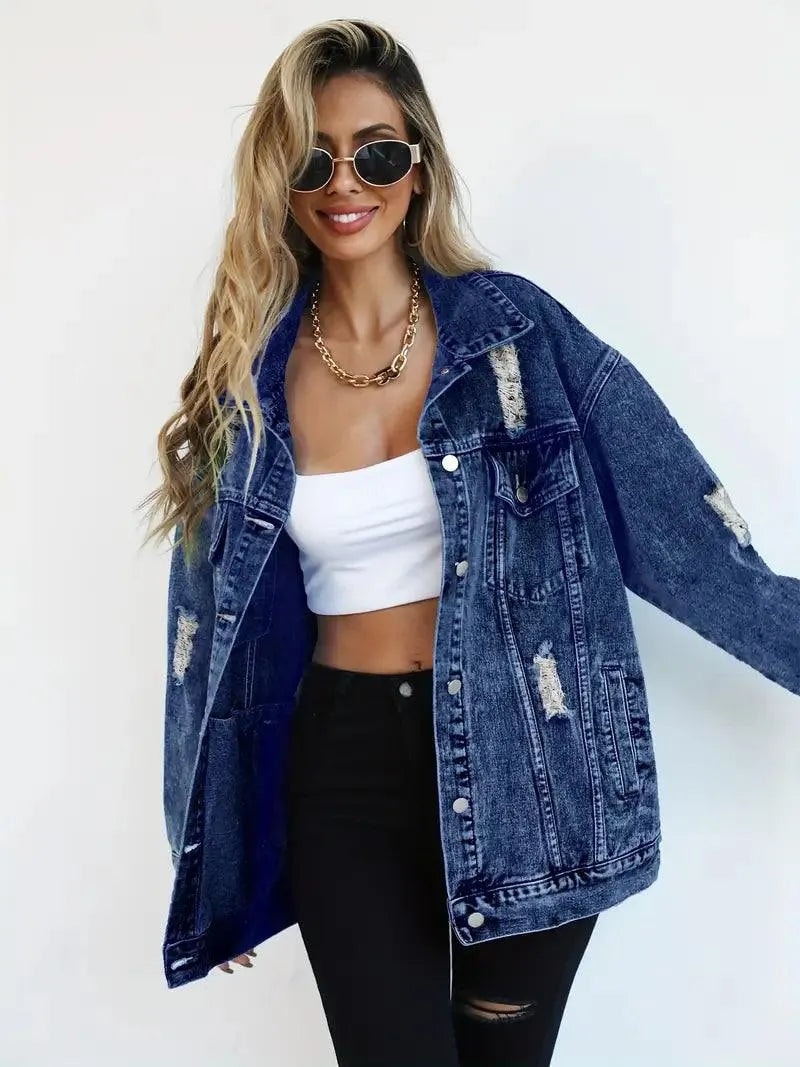 Waterproof & Lined Oversized Women's Denim Jacket with Hood – Talia-Blue-S-Nora Luxe