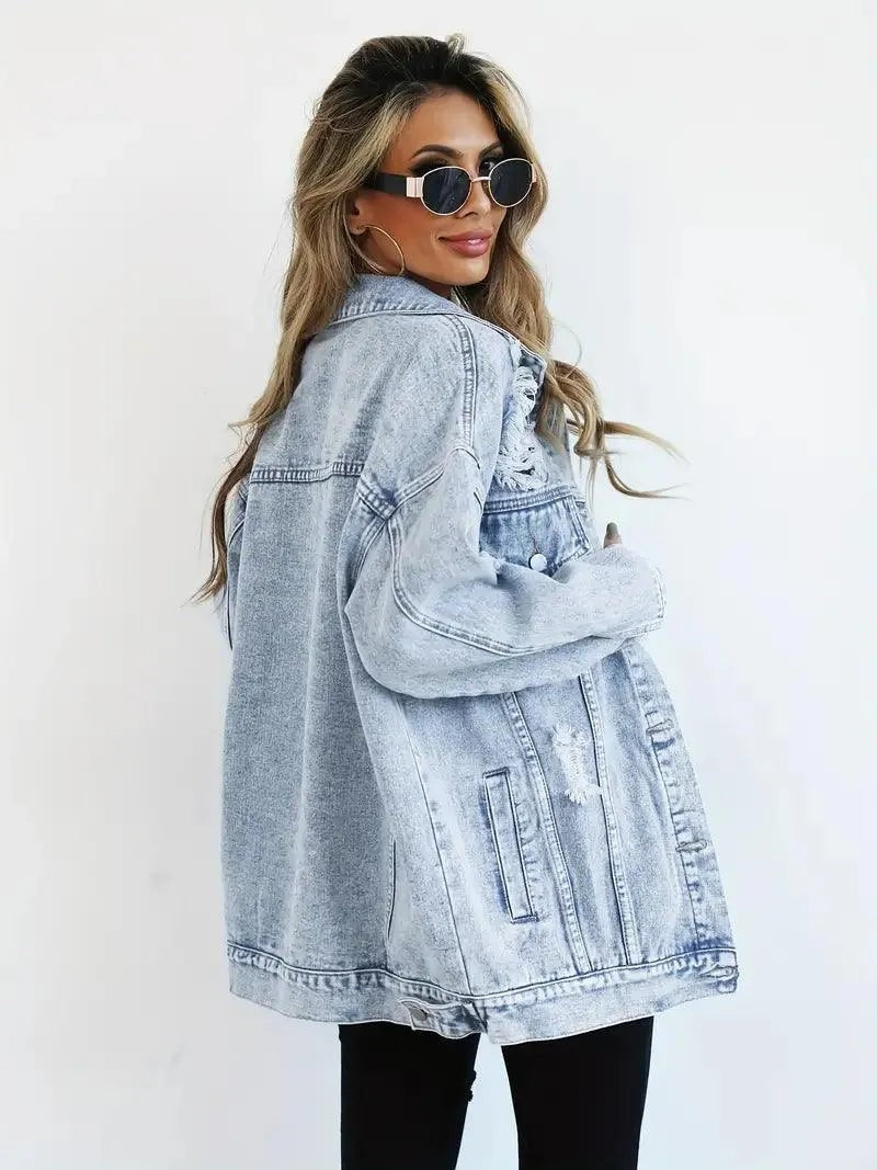 Waterproof & Lined Oversized Women's Denim Jacket with Hood – Talia-Light blue-S-Nora Luxe