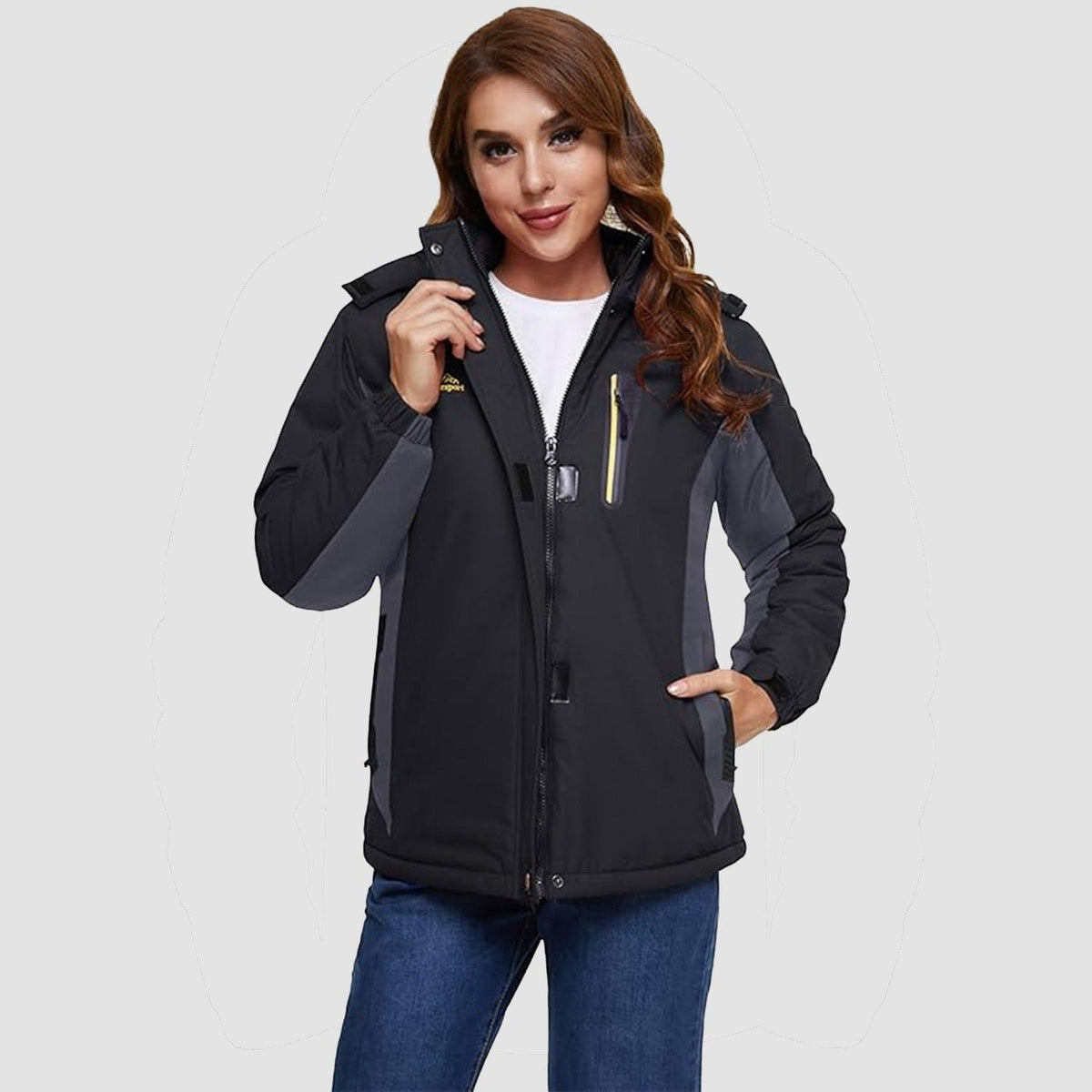 Black Grey MAGCOMSEN Women's Waterproof Fleece-Lined Ski Jacket with Hood in #Color_Black Grey